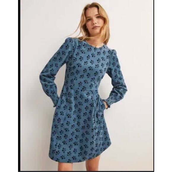 Boden Blue Black Floral Corduroy Dress US 4P Petite Fit & Flare - Picture 1 of 9